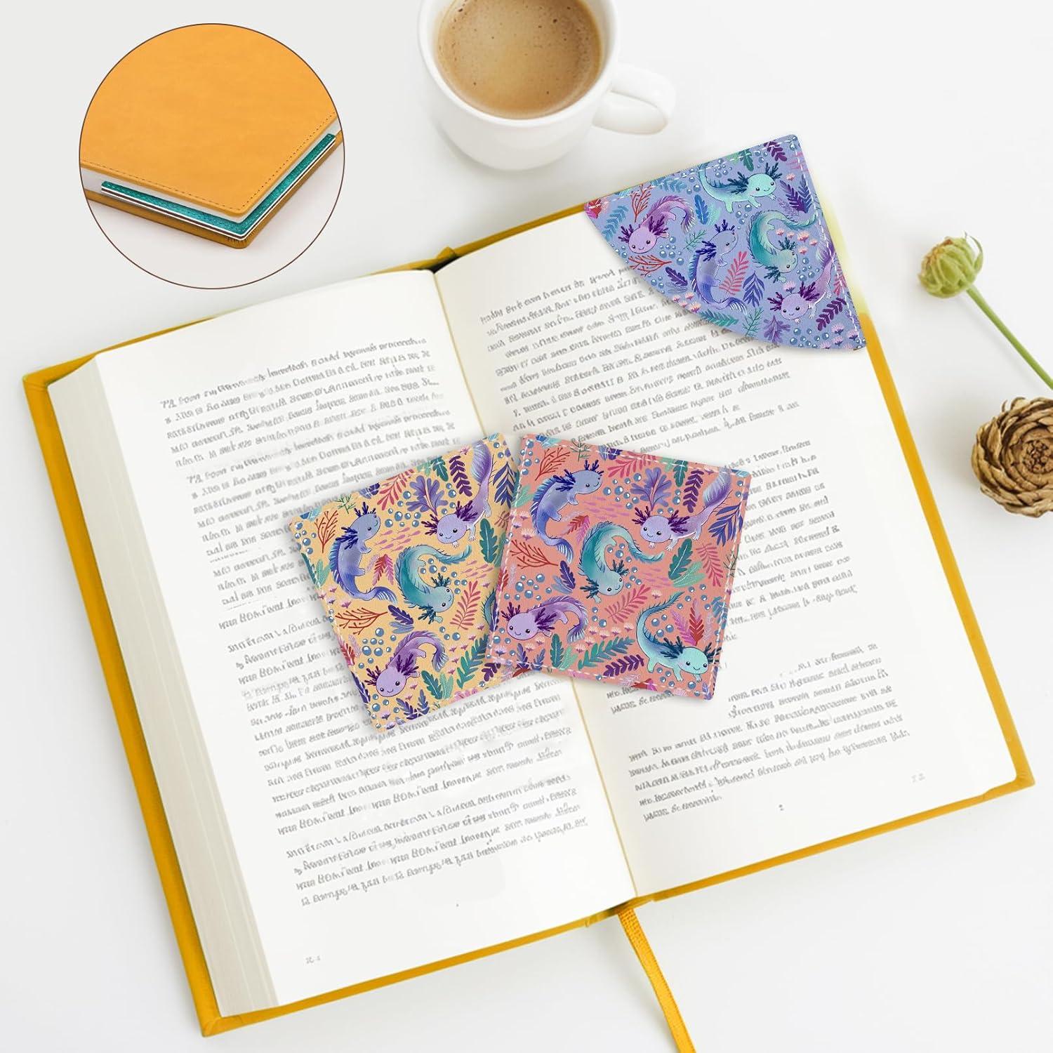 imageIcycay Axolotls Corner Bookmarks Cute Leather Book Accessories for Book Lovers 3 Pcs Reading Book Page Markers for Women Men Student Teacher Girls Boys Kids Retirement Birthday GiftsAxolotls