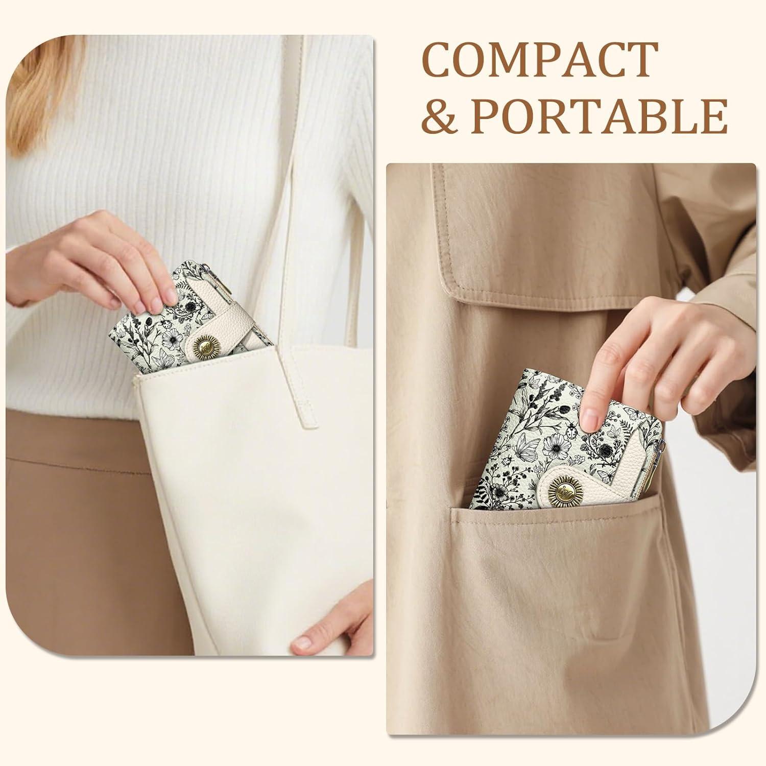 imageIcycay Highland Cow Small Wallet Women RFID Blocking Bifold Cute Credit Card Holder Zipper Coin Pocket PU Leather Compact Travel 4 ID Window 14 Card Slots Western Cash Purse Ladies WomanFloral White