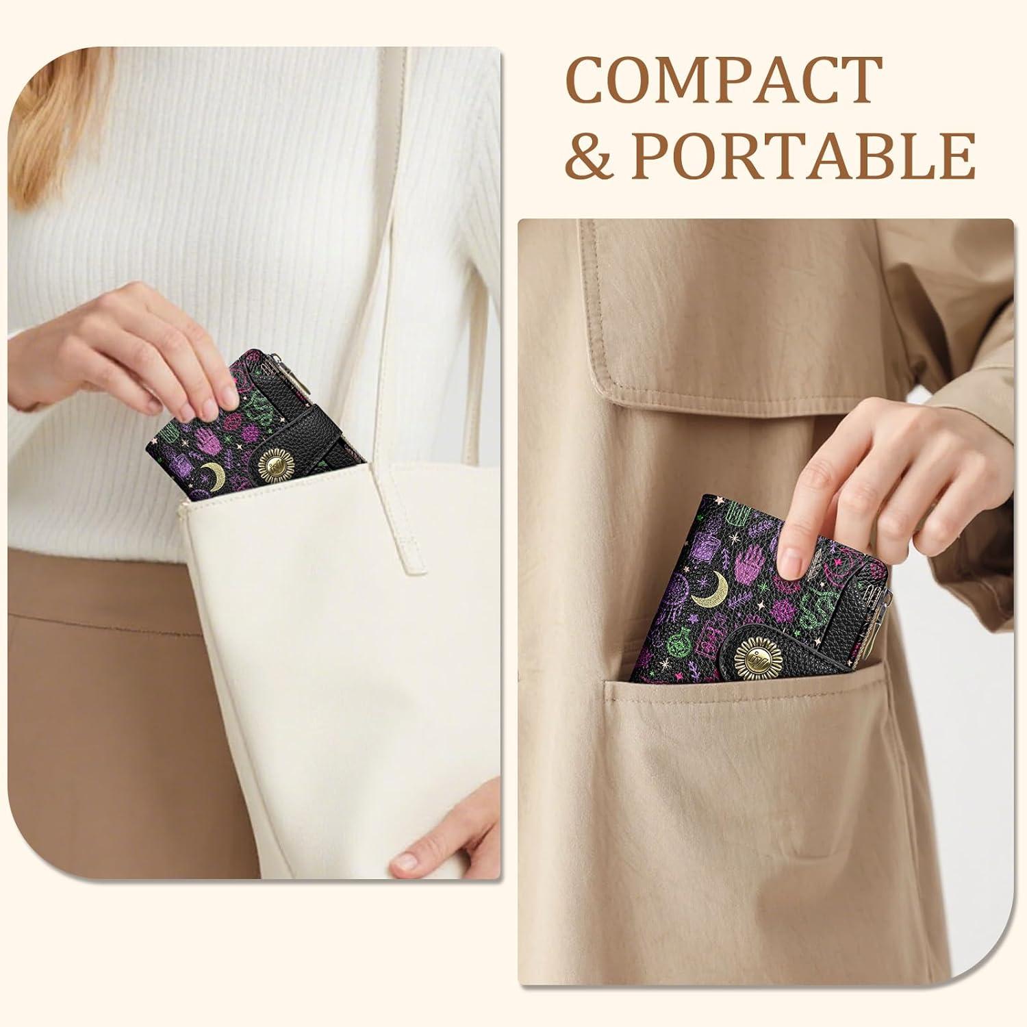 imageIcycay Highland Cow Small Wallet Women RFID Blocking Bifold Cute Credit Card Holder Zipper Coin Pocket PU Leather Compact Travel 4 ID Window 14 Card Slots Western Cash Purse Ladies WomanGothic Magic Black