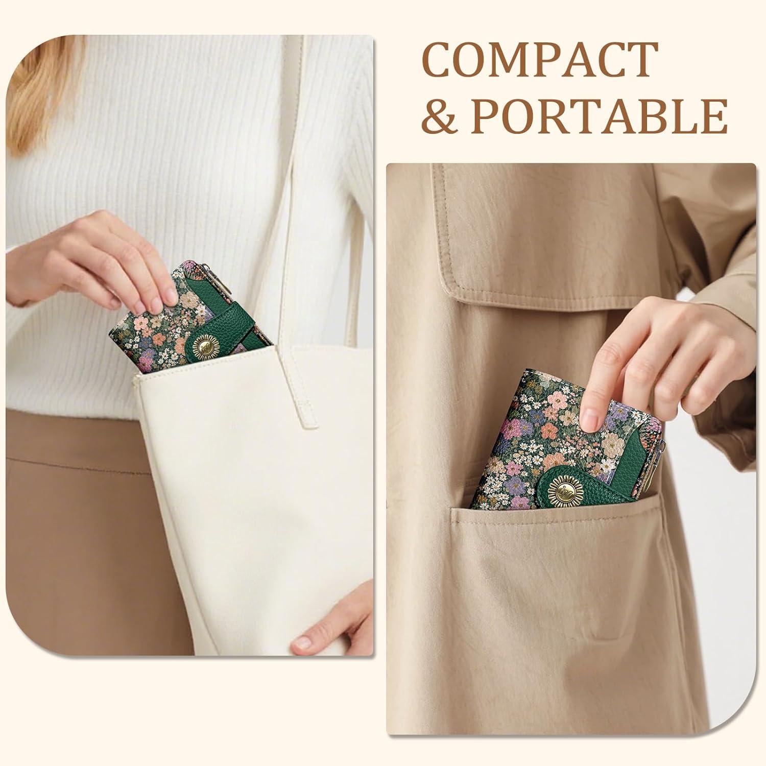 imageIcycay Highland Cow Small Wallet Women RFID Blocking Bifold Cute Credit Card Holder Zipper Coin Pocket PU Leather Compact Travel 4 ID Window 14 Card Slots Western Cash Purse Ladies WomanFloral Green