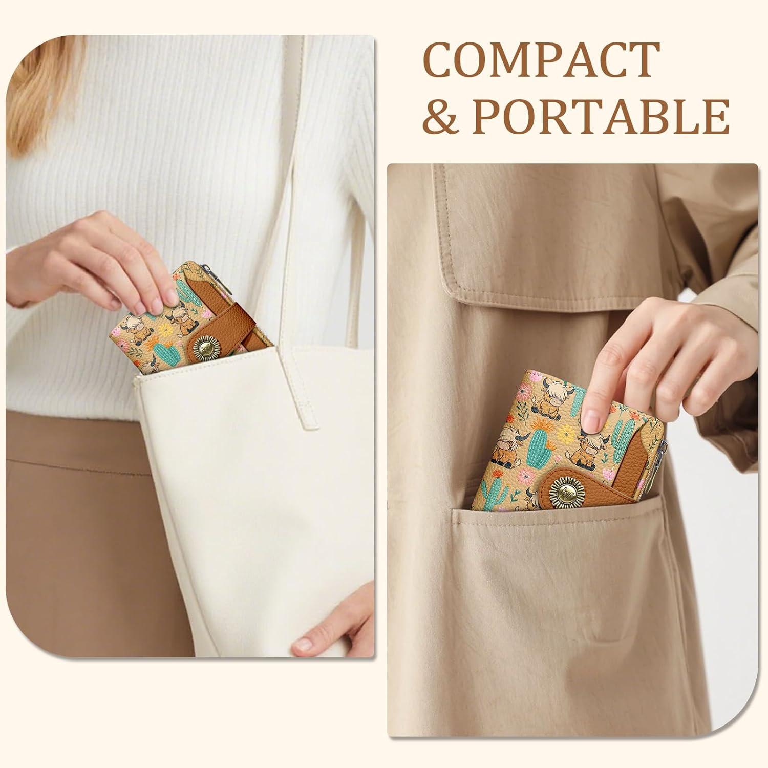 imageIcycay Highland Cow Small Wallet Women RFID Blocking Bifold Cute Credit Card Holder Zipper Coin Pocket PU Leather Compact Travel 4 ID Window 14 Card Slots Western Cash Purse Ladies WomanHighland Cow