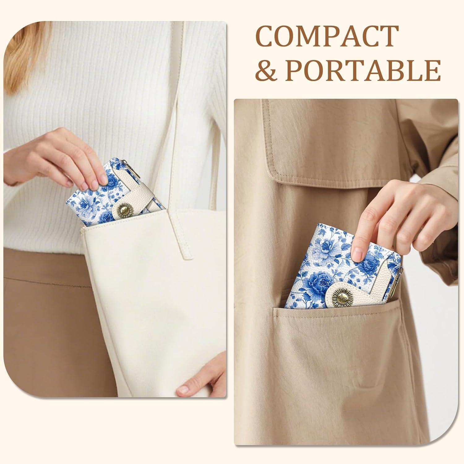 imageIcycay Highland Cow Small Wallet Women RFID Blocking Bifold Cute Credit Card Holder Zipper Coin Pocket PU Leather Compact Travel 4 ID Window 14 Card Slots Western Cash Purse Ladies WomanFloral Blue