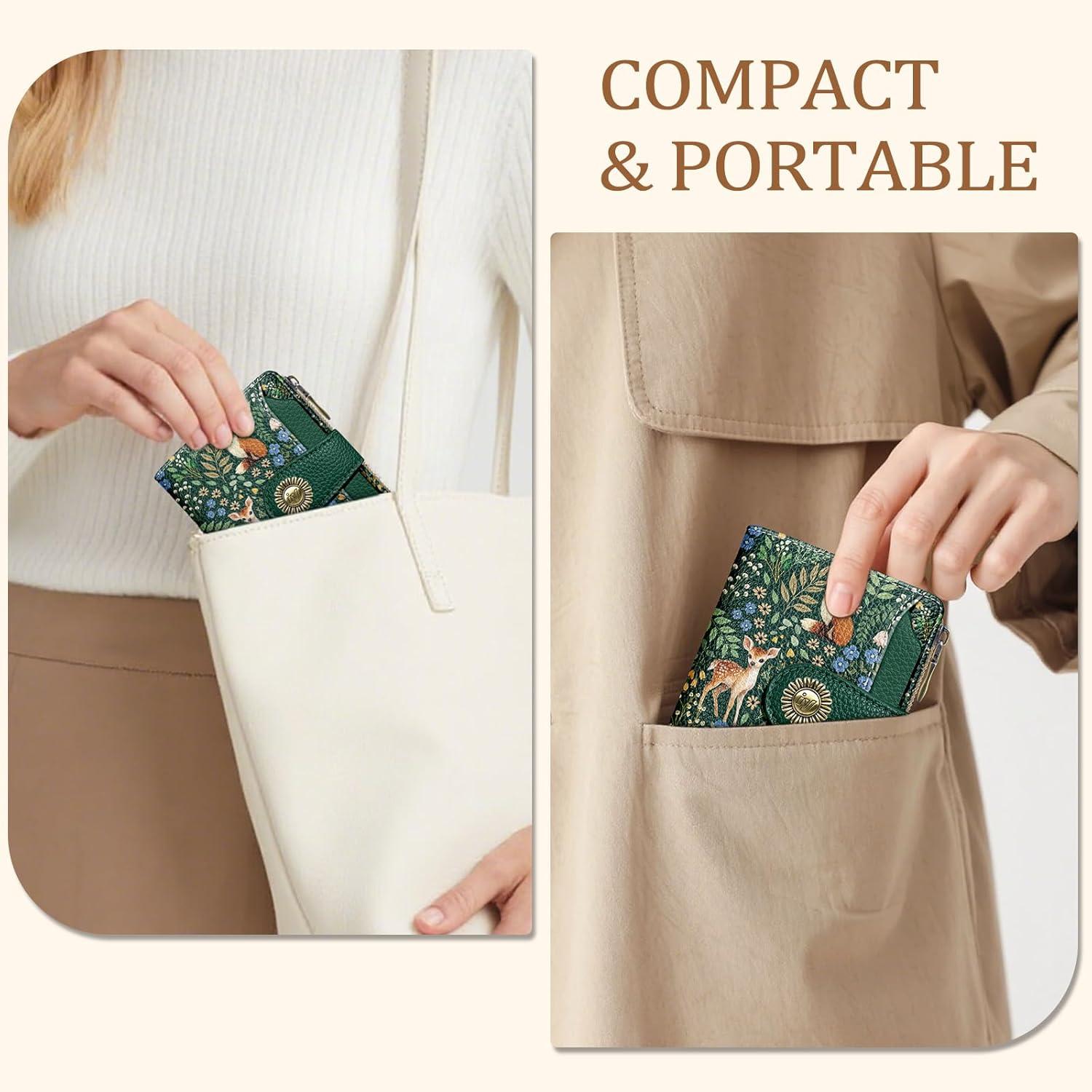imageIcycay Highland Cow Small Wallet Women RFID Blocking Bifold Cute Credit Card Holder Zipper Coin Pocket PU Leather Compact Travel 4 ID Window 14 Card Slots Western Cash Purse Ladies WomanForest