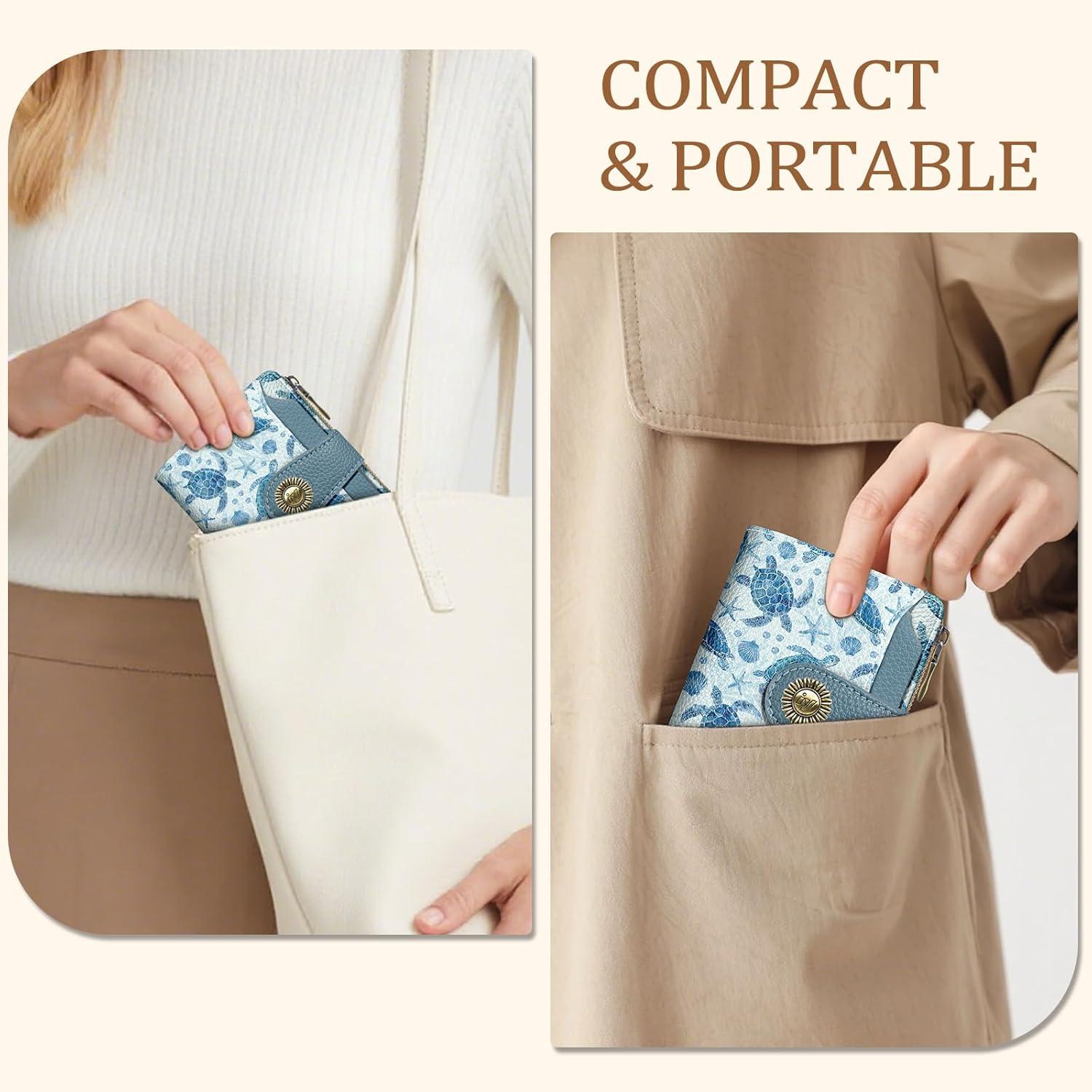 imageIcycay Highland Cow Small Wallet Women RFID Blocking Bifold Cute Credit Card Holder Zipper Coin Pocket PU Leather Compact Travel 4 ID Window 14 Card Slots Western Cash Purse Ladies WomanSea Turtle