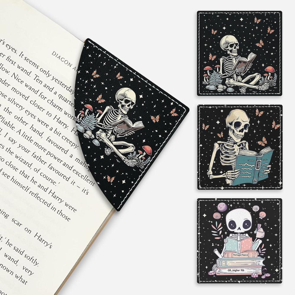 imageIcycay Axolotls Corner Bookmarks Cute Leather Book Accessories for Book Lovers 3 Pcs Reading Book Page Markers for Women Men Student Teacher Girls Boys Kids Retirement Birthday GiftsSkeleton