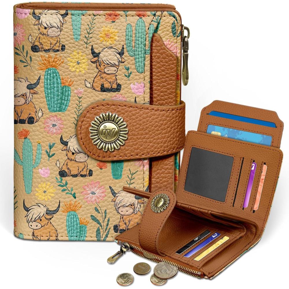 imageIcycay Highland Cow Small Wallet Women RFID Blocking Bifold Cute Credit Card Holder Zipper Coin Pocket PU Leather Compact Travel 4 ID Window 14 Card Slots Western Cash Purse Ladies WomanHighland Cow