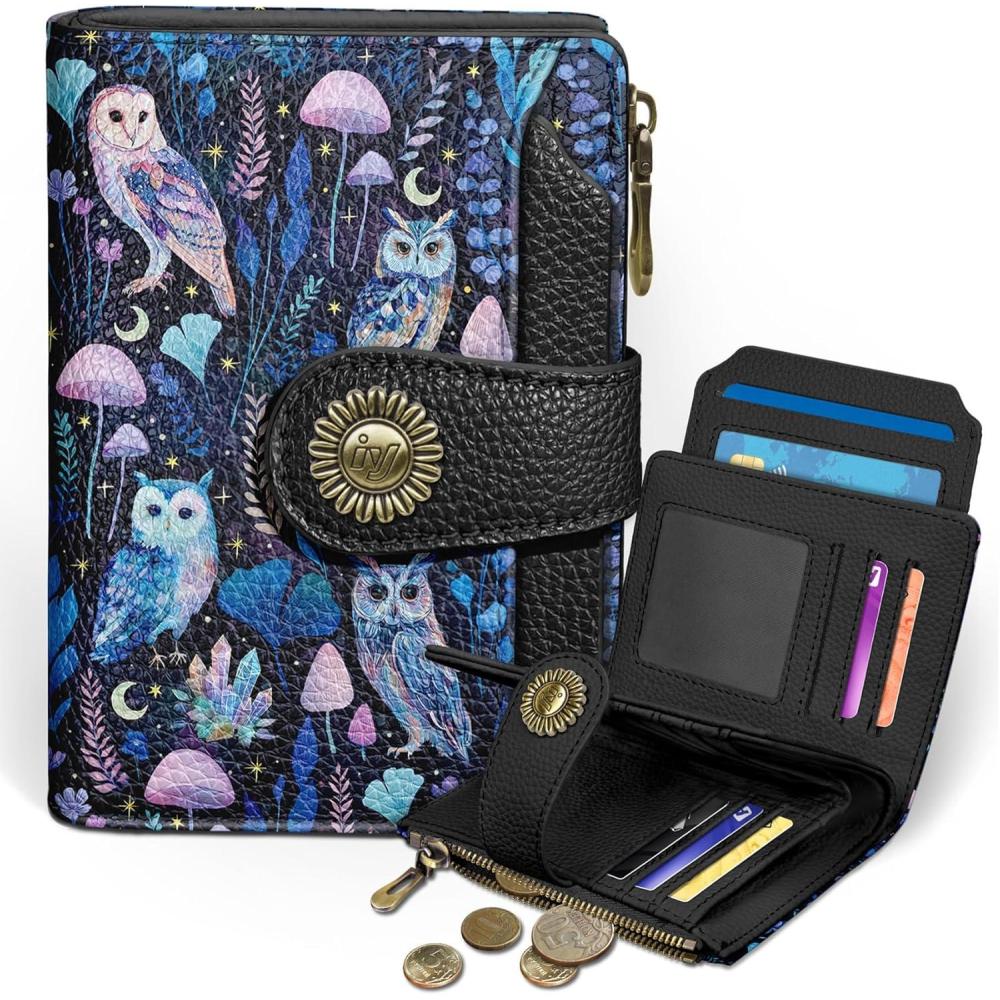 imageIcycay Highland Cow Small Wallet Women RFID Blocking Bifold Cute Credit Card Holder Zipper Coin Pocket PU Leather Compact Travel 4 ID Window 14 Card Slots Western Cash Purse Ladies WomanOwl