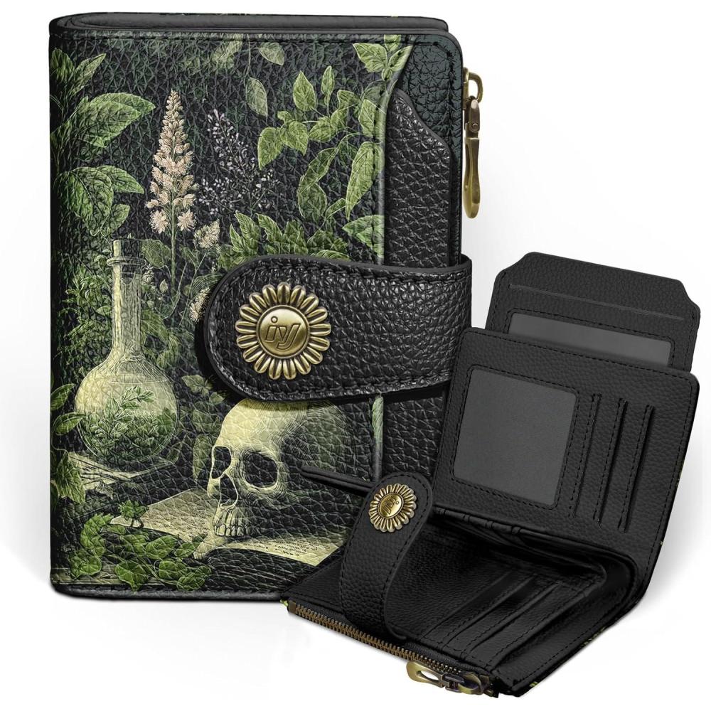 imageIcycay Highland Cow Small Wallet Women RFID Blocking Bifold Cute Credit Card Holder Zipper Coin Pocket PU Leather Compact Travel 4 ID Window 14 Card Slots Western Cash Purse Ladies WomanGoth Skull Plant
