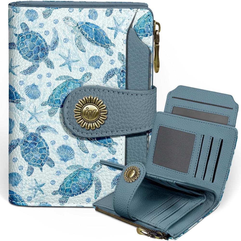 imageIcycay Highland Cow Small Wallet Women RFID Blocking Bifold Cute Credit Card Holder Zipper Coin Pocket PU Leather Compact Travel 4 ID Window 14 Card Slots Western Cash Purse Ladies WomanSea Turtle