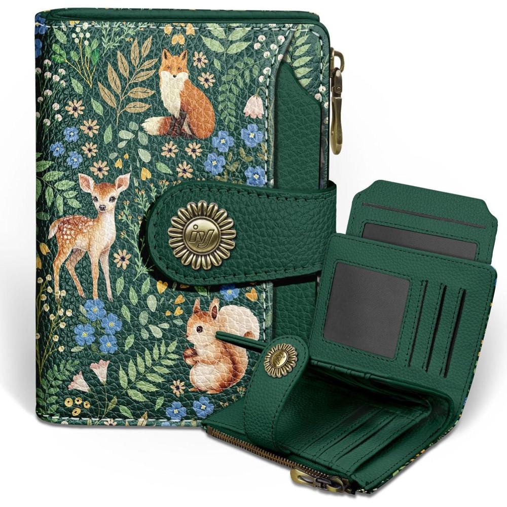 imageIcycay Highland Cow Small Wallet Women RFID Blocking Bifold Cute Credit Card Holder Zipper Coin Pocket PU Leather Compact Travel 4 ID Window 14 Card Slots Western Cash Purse Ladies WomanForest