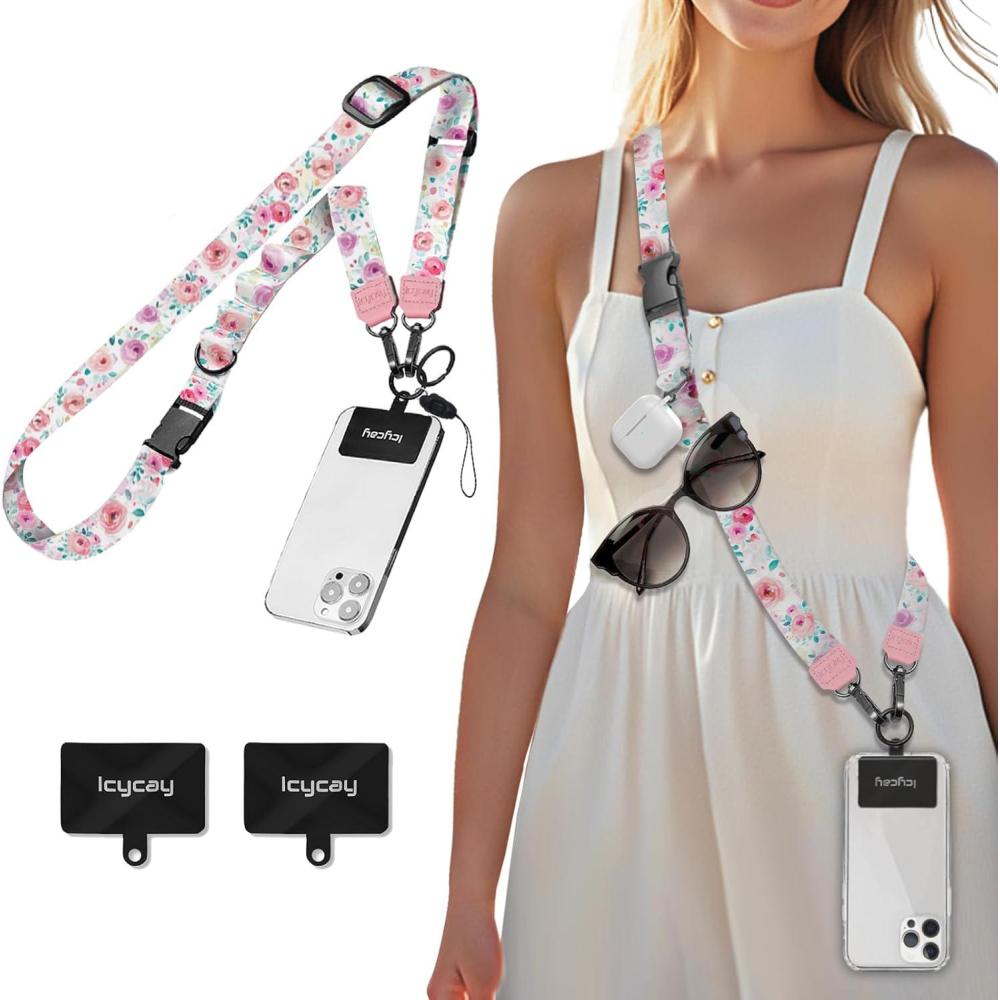 imageIcycay Phone Lanyard Crossbody Marble Cell Phone Strap for Around The Neck Adjustable Anti Theft Cute Lanyard for iPhone Case ID Holder Keys Accessories Travel EssentialPeony Flower