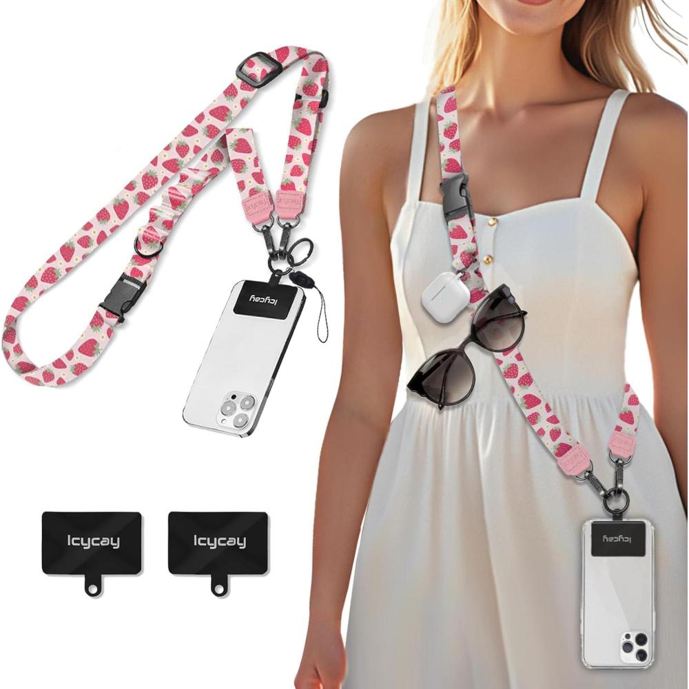 imageIcycay Phone Lanyard Crossbody Marble Cell Phone Strap for Around The Neck Adjustable Anti Theft Cute Lanyard for iPhone Case ID Holder Keys Accessories Travel EssentialStrawberry