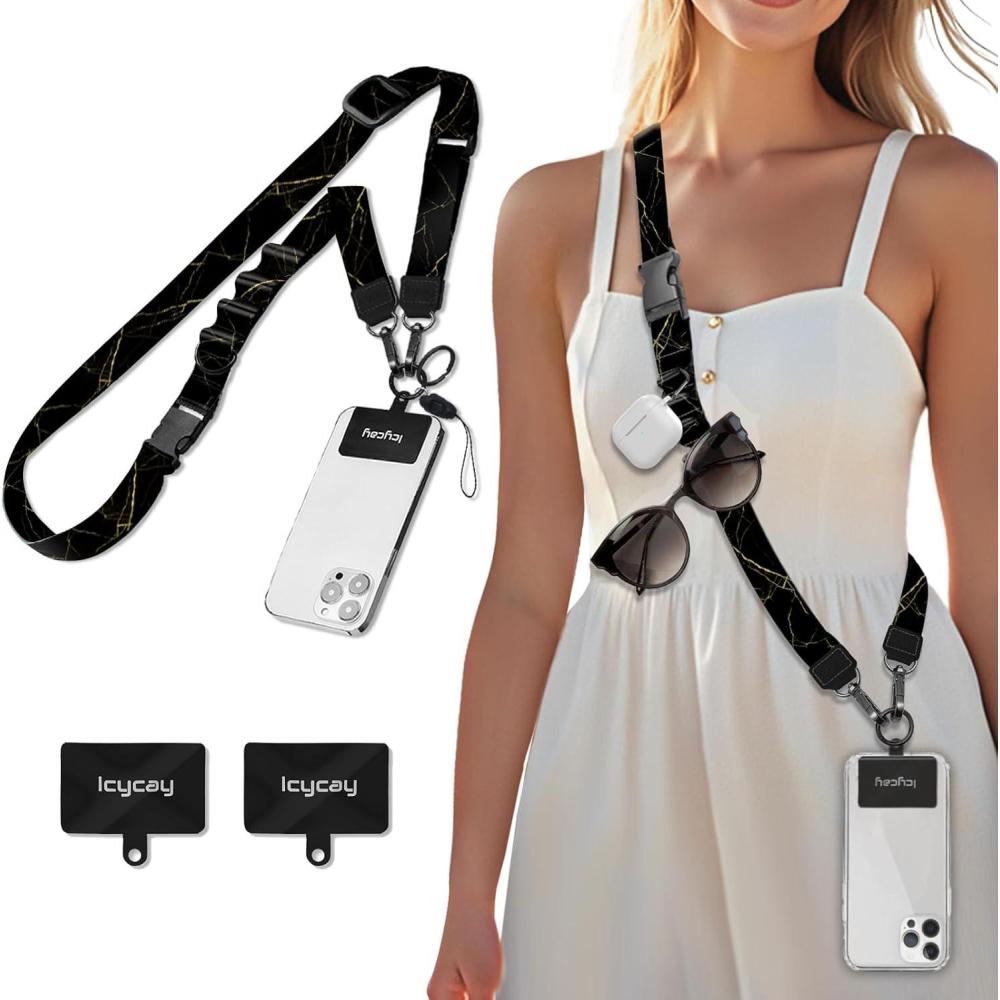 imageIcycay Phone Lanyard Crossbody Marble Cell Phone Strap for Around The Neck Adjustable Anti Theft Cute Lanyard for iPhone Case ID Holder Keys Accessories Travel EssentialMarble Black