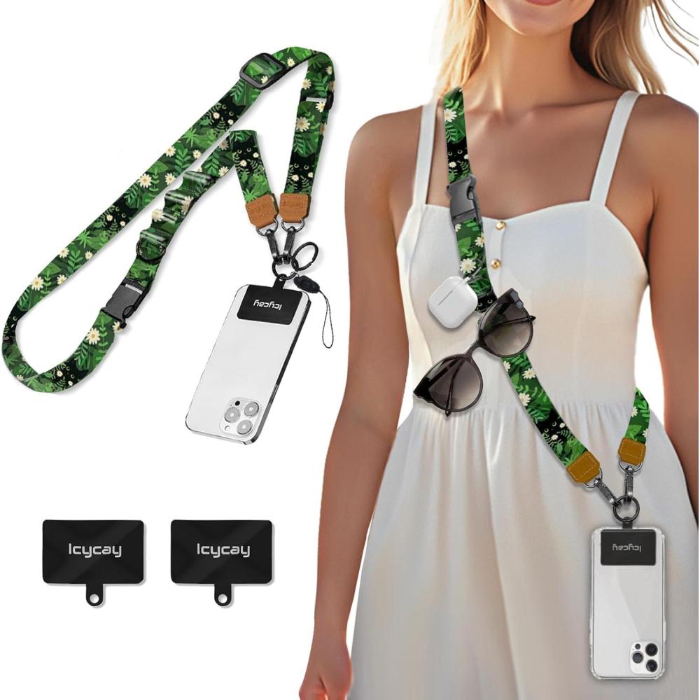 imageIcycay Phone Lanyard Crossbody Marble Cell Phone Strap for Around The Neck Adjustable Anti Theft Cute Lanyard for iPhone Case ID Holder Keys Accessories Travel EssentialCat Green Leaf