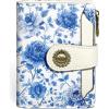 Icycay Highland Cow Small Wallet Women RFID Blocking Bifold, Cute Credit Card Holder, Zipper Coin Pocket, PU Leather, Compact, Travel, 4 ID Window, 14 Card Slots, Western, Cash Purse, Ladies Woman(Floral Blue)