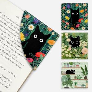 Icycay Axolotls Corner Bookmarks, Cute Leather Book Accessories for Book Lovers, 3 Pcs Reading Book Page Markers for Women Men Student Teacher Girls Boys Kids Retirement Birthday Gifts(Cute Black Cat 02)
