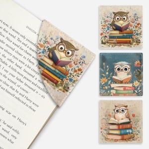 Icycay Axolotls Corner Bookmarks, Cute Leather Book Accessories for Book Lovers, 3 Pcs Reading Book Page Markers for Women Men Student Teacher Girls Boys Kids Retirement Birthday Gifts(Cute Owls)
