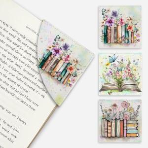 Icycay Axolotls Corner Bookmarks, Cute Leather Book Accessories for Book Lovers, 3 Pcs Reading Book Page Markers for Women Men Student Teacher Girls Boys Kids Retirement Birthday Gifts(Floral Book)