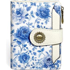 Icycay Highland Cow Small Wallet Women RFID Blocking Bifold, Cute Credit Card Holder, Zipper Coin Pocket, PU Leather, Compact, Travel, 4 ID Window, 14 Card Slots, Western, Cash Purse, Ladies Woman(Floral Blue)