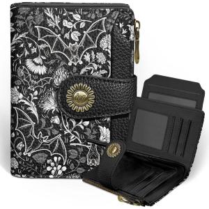 Icycay Highland Cow Small Wallet Women RFID Blocking Bifold, Cute Credit Card Holder, Zipper Coin Pocket, PU Leather, Compact, Travel, 4 ID Window, 14 Card Slots, Western, Cash Purse, Ladies Woman(Goth Bat)