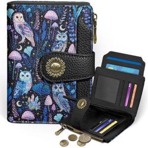 Icycay Highland Cow Small Wallet Women RFID Blocking Bifold, Cute Credit Card Holder, Zipper Coin Pocket, PU Leather, Compact, Travel, 4 ID Window, 14 Card Slots, Western, Cash Purse, Ladies Woman(Owl)