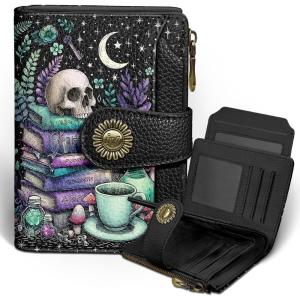 Icycay Highland Cow Small Wallet Women RFID Blocking Bifold, Cute Credit Card Holder, Zipper Coin Pocket, PU Leather, Compact, Travel, 4 ID Window, 14 Card Slots, Western, Cash Purse, Ladies Woman(Goth Skull)