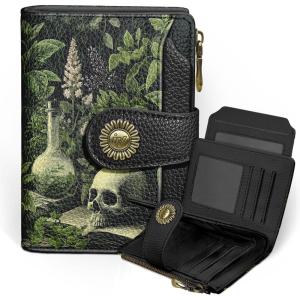 Icycay Highland Cow Small Wallet Women RFID Blocking Bifold, Cute Credit Card Holder, Zipper Coin Pocket, PU Leather, Compact, Travel, 4 ID Window, 14 Card Slots, Western, Cash Purse, Ladies Woman(Goth Skull Plant)