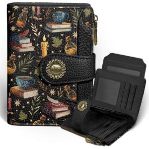 Icycay Highland Cow Small Wallet Women RFID Blocking Bifold, Cute Credit Card Holder, Zipper Coin Pocket, PU Leather, Compact, Travel, 4 ID Window, 14 Card Slots, Western, Cash Purse, Ladies Woman(Book Witchy)