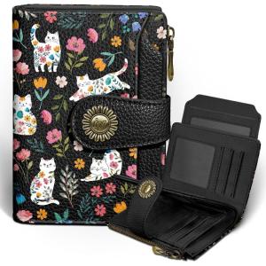 Icycay Highland Cow Small Wallet Women RFID Blocking Bifold, Cute Credit Card Holder, Zipper Coin Pocket, PU Leather, Compact, Travel, 4 ID Window, 14 Card Slots, Western, Cash Purse, Ladies Woman(Cat Flowers)