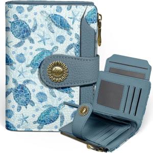 Icycay Highland Cow Small Wallet Women RFID Blocking Bifold, Cute Credit Card Holder, Zipper Coin Pocket, PU Leather, Compact, Travel, 4 ID Window, 14 Card Slots, Western, Cash Purse, Ladies Woman(Sea Turtle)
