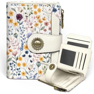 Icycay Highland Cow Small Wallet Women RFID Blocking Bifold, Cute Credit Card Holder, Zipper Coin Pocket, PU Leather, Compact, Travel, 4 ID Window, 14 Card Slots, Western, Cash Purse, Ladies Woman(Floral)