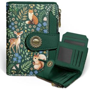 Icycay Highland Cow Small Wallet Women RFID Blocking Bifold, Cute Credit Card Holder, Zipper Coin Pocket, PU Leather, Compact, Travel, 4 ID Window, 14 Card Slots, Western, Cash Purse, Ladies Woman(Forest)