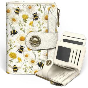 Icycay Highland Cow Small Wallet Women RFID Blocking Bifold, Cute Credit Card Holder, Zipper Coin Pocket, PU Leather, Compact, Travel, 4 ID Window, 14 Card Slots, Western, Cash Purse, Ladies Woman(Bee)