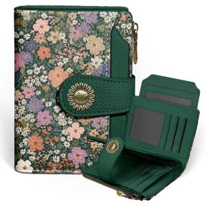 Icycay Highland Cow Small Wallet Women RFID Blocking Bifold, Cute Credit Card Holder, Zipper Coin Pocket, PU Leather, Compact, Travel, 4 ID Window, 14 Card Slots, Western, Cash Purse, Ladies Woman(Floral Green)