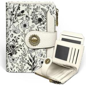 Icycay Highland Cow Small Wallet Women RFID Blocking Bifold, Cute Credit Card Holder, Zipper Coin Pocket, PU Leather, Compact, Travel, 4 ID Window, 14 Card Slots, Western, Cash Purse, Ladies Woman(Floral White)
