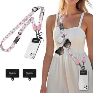 Icycay Phone Lanyard Crossbody, Marble Cell Phone Strap for Around The Neck Adjustable, Anti Theft Cute Lanyard for iPhone Case ID Holder Keys Accessories Travel Essential(Peony Flower)