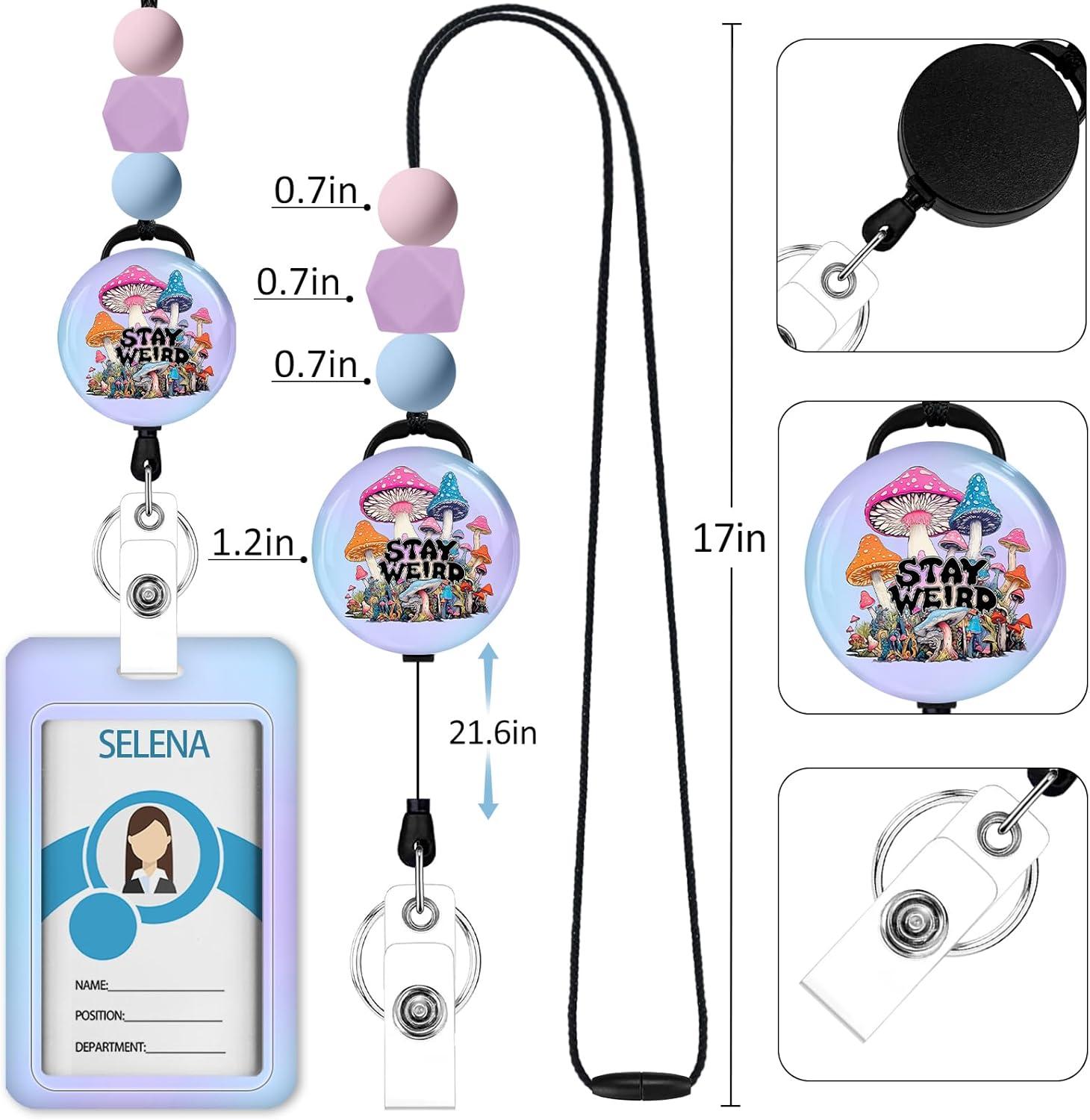 imageTeacher Retractable Lanyards for Id Badges Forest ID Holder with Silicone Beaded Lanyard Badge Reel Retractable Cute Name Tag Work Office Supplies for Men Women Teacher GiftsStay Weird