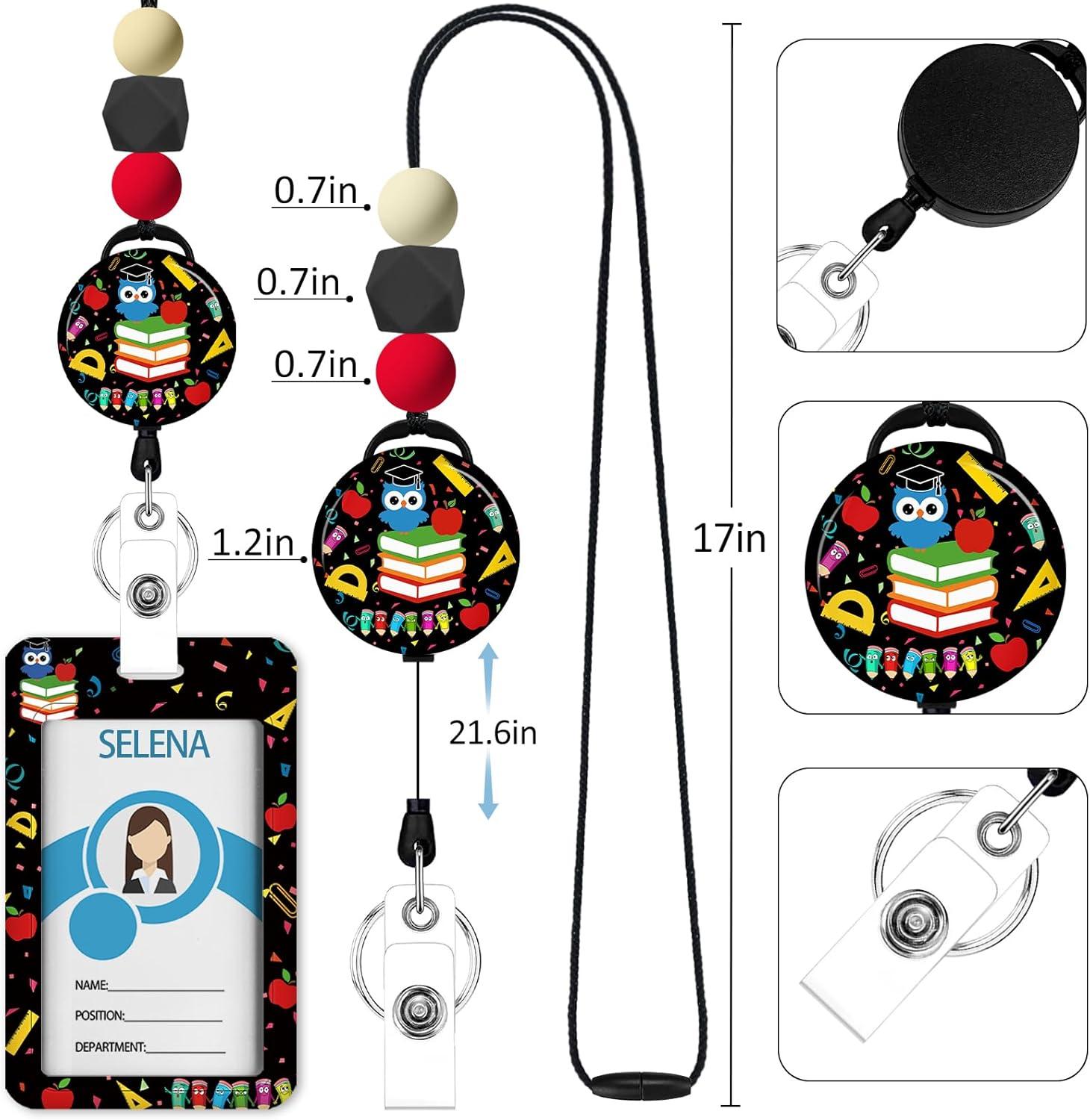 imageTeacher Retractable Lanyards for Id Badges Forest ID Holder with Silicone Beaded Lanyard Badge Reel Retractable Cute Name Tag Work Office Supplies for Men Women Teacher GiftsOwl Teacher