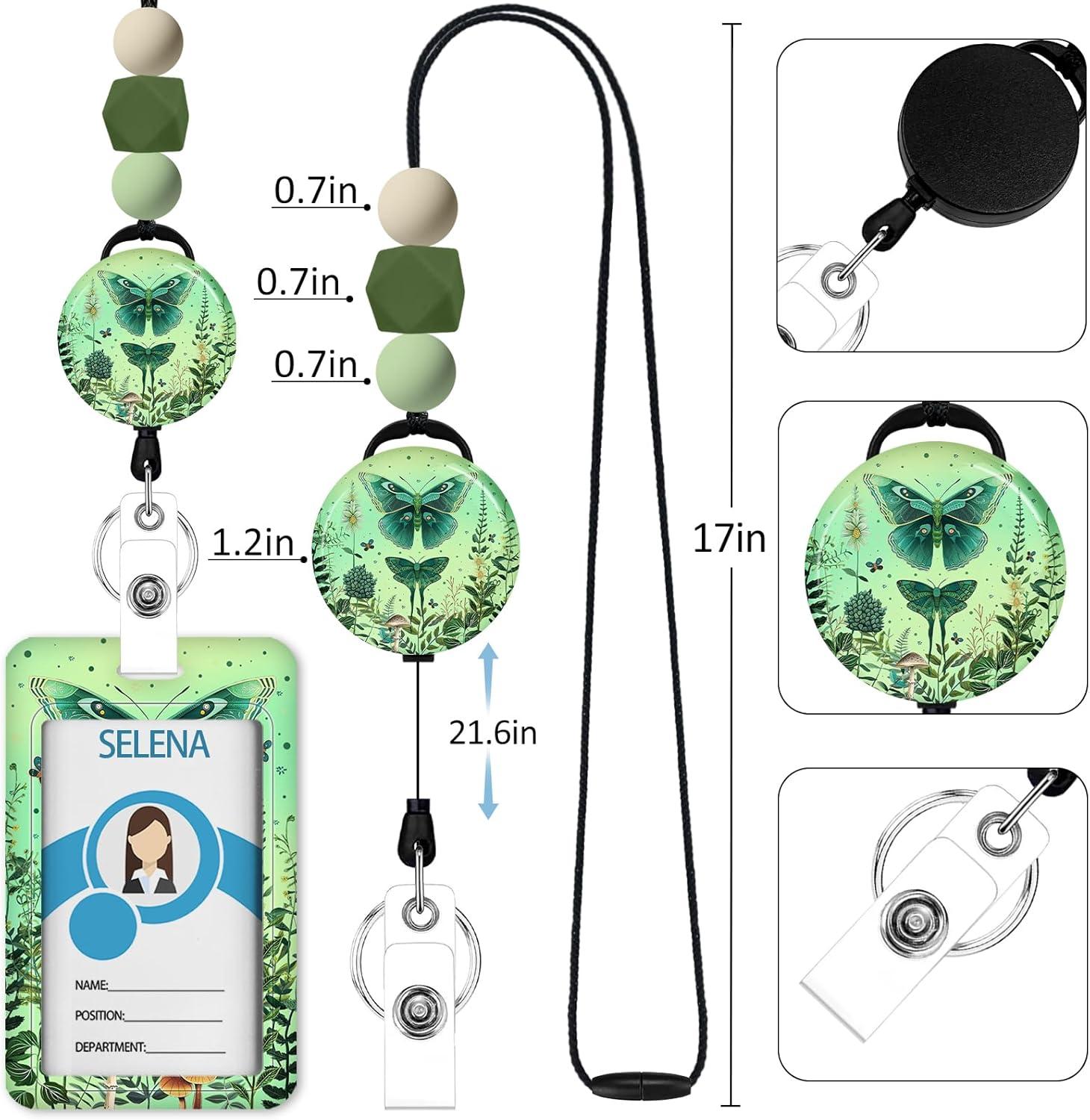 imageTeacher Retractable Lanyards for Id Badges Forest ID Holder with Silicone Beaded Lanyard Badge Reel Retractable Cute Name Tag Work Office Supplies for Men Women Teacher GiftsGreen Butterfly