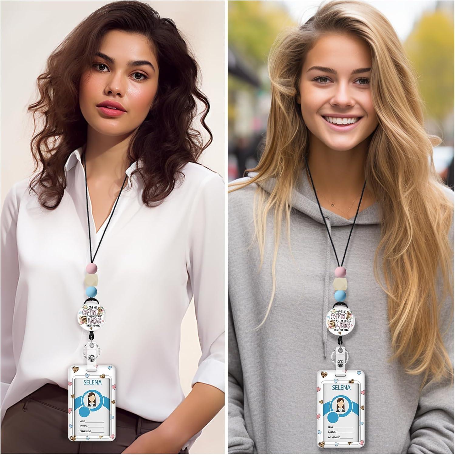imageTeacher Retractable Lanyards for Id Badges Forest ID Holder with Silicone Beaded Lanyard Badge Reel Retractable Cute Name Tag Work Office Supplies for Men Women Teacher GiftsCoffee