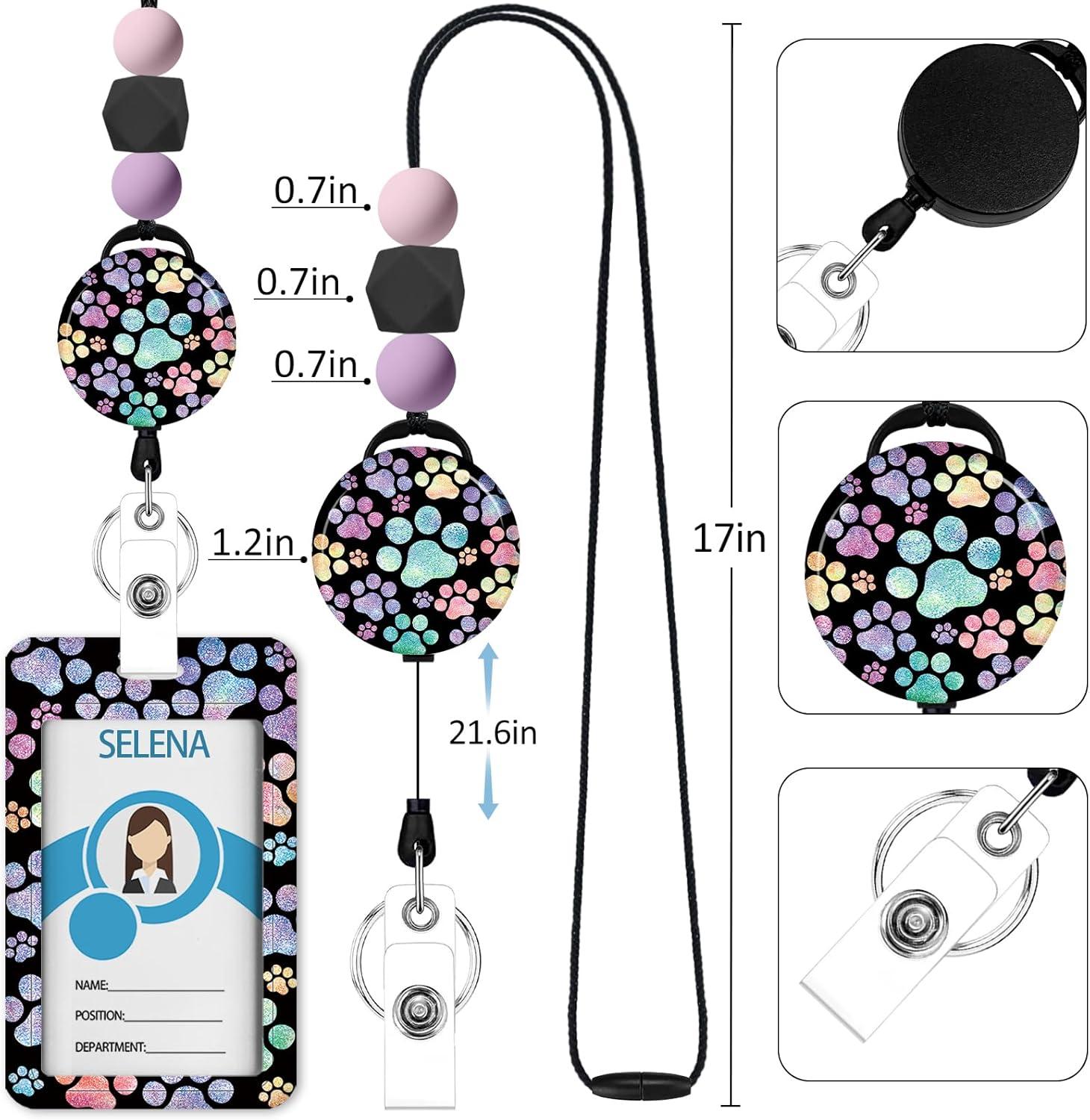 imageTeacher Retractable Lanyards for Id Badges Forest ID Holder with Silicone Beaded Lanyard Badge Reel Retractable Cute Name Tag Work Office Supplies for Men Women Teacher GiftsDog Paw