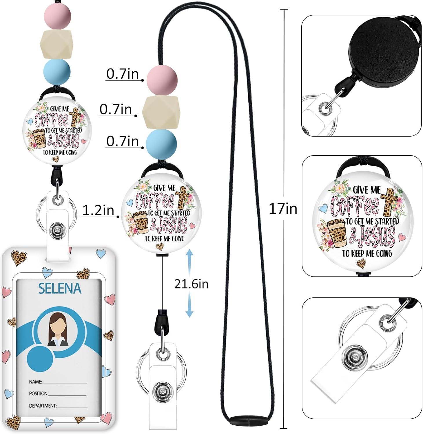 imageTeacher Retractable Lanyards for Id Badges Forest ID Holder with Silicone Beaded Lanyard Badge Reel Retractable Cute Name Tag Work Office Supplies for Men Women Teacher GiftsCoffee