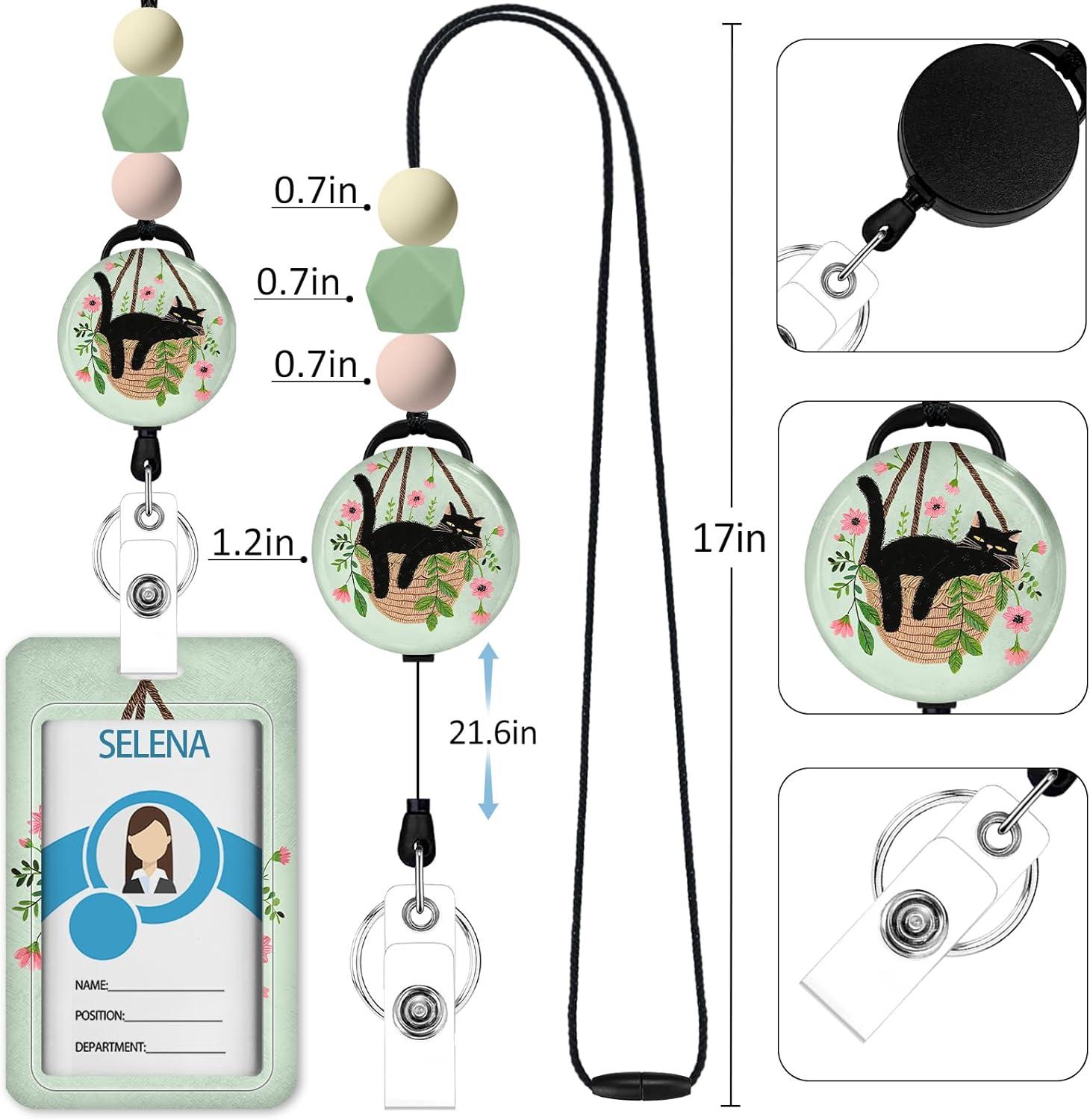 imageTeacher Retractable Lanyards for Id Badges Forest ID Holder with Silicone Beaded Lanyard Badge Reel Retractable Cute Name Tag Work Office Supplies for Men Women Teacher GiftsLeisure Cat