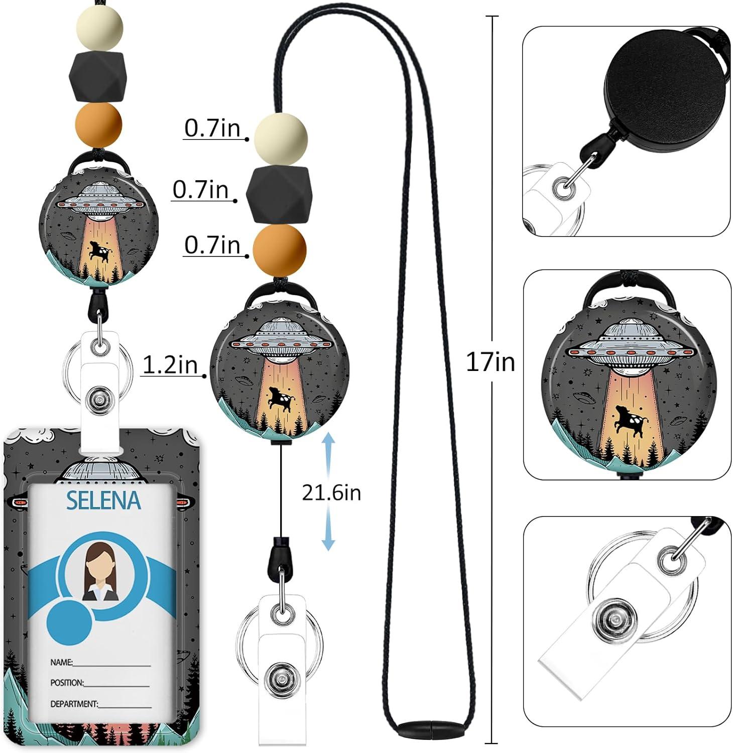 imageTeacher Retractable Lanyards for Id Badges Forest ID Holder with Silicone Beaded Lanyard Badge Reel Retractable Cute Name Tag Work Office Supplies for Men Women Teacher GiftsUfo
