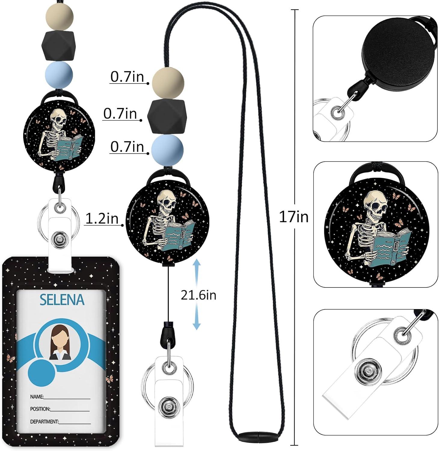 imageTeacher Retractable Lanyards for Id Badges Forest ID Holder with Silicone Beaded Lanyard Badge Reel Retractable Cute Name Tag Work Office Supplies for Men Women Teacher GiftsSkeleton Skull Book