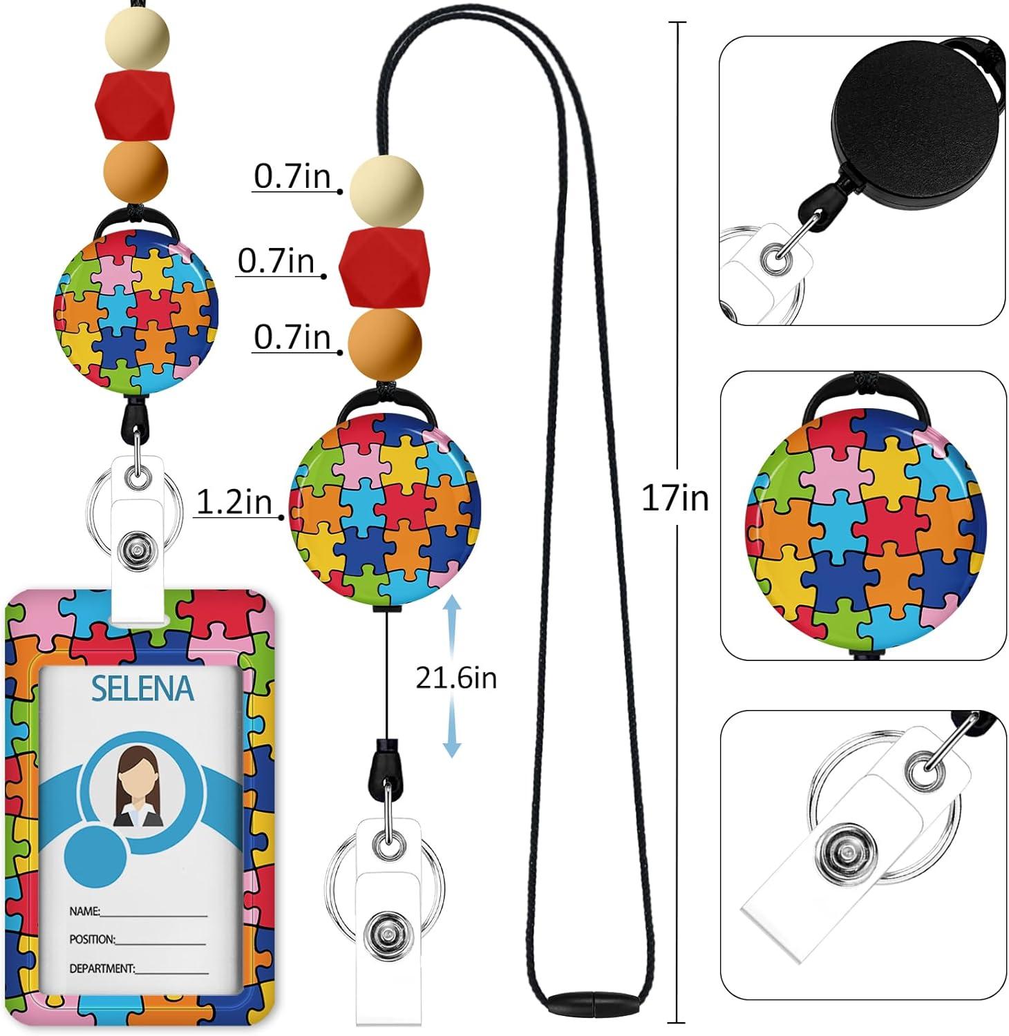 imageTeacher Retractable Lanyards for Id Badges Forest ID Holder with Silicone Beaded Lanyard Badge Reel Retractable Cute Name Tag Work Office Supplies for Men Women Teacher GiftsAutism Awareness