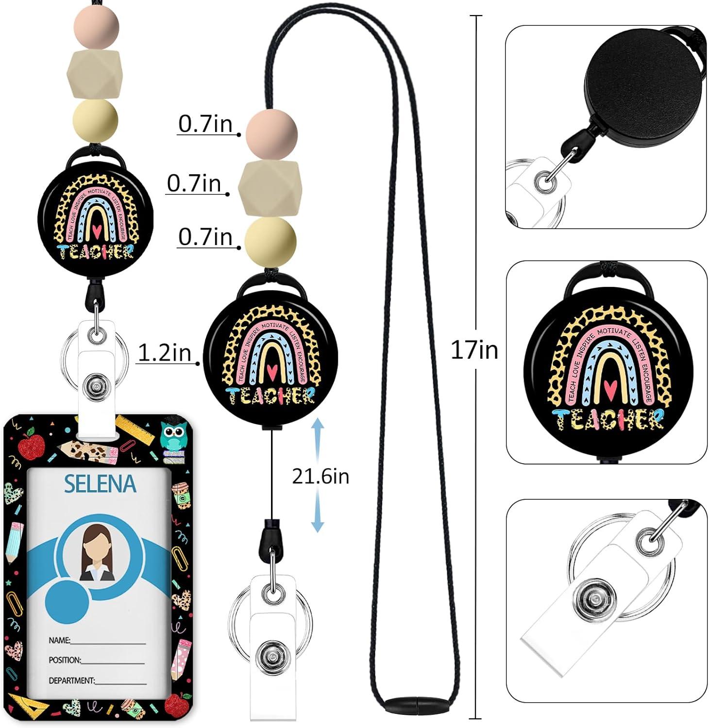 imageTeacher Retractable Lanyards for Id Badges Forest ID Holder with Silicone Beaded Lanyard Badge Reel Retractable Cute Name Tag Work Office Supplies for Men Women Teacher GiftsBlack Teacher Lanyards