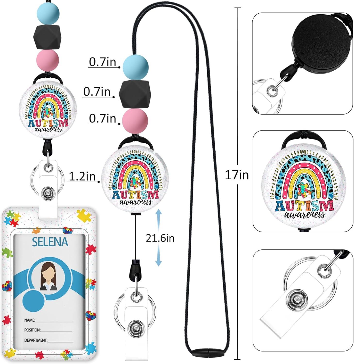 imageTeacher Retractable Lanyards for Id Badges Forest ID Holder with Silicone Beaded Lanyard Badge Reel Retractable Cute Name Tag Work Office Supplies for Men Women Teacher GiftsAutism Rainbow