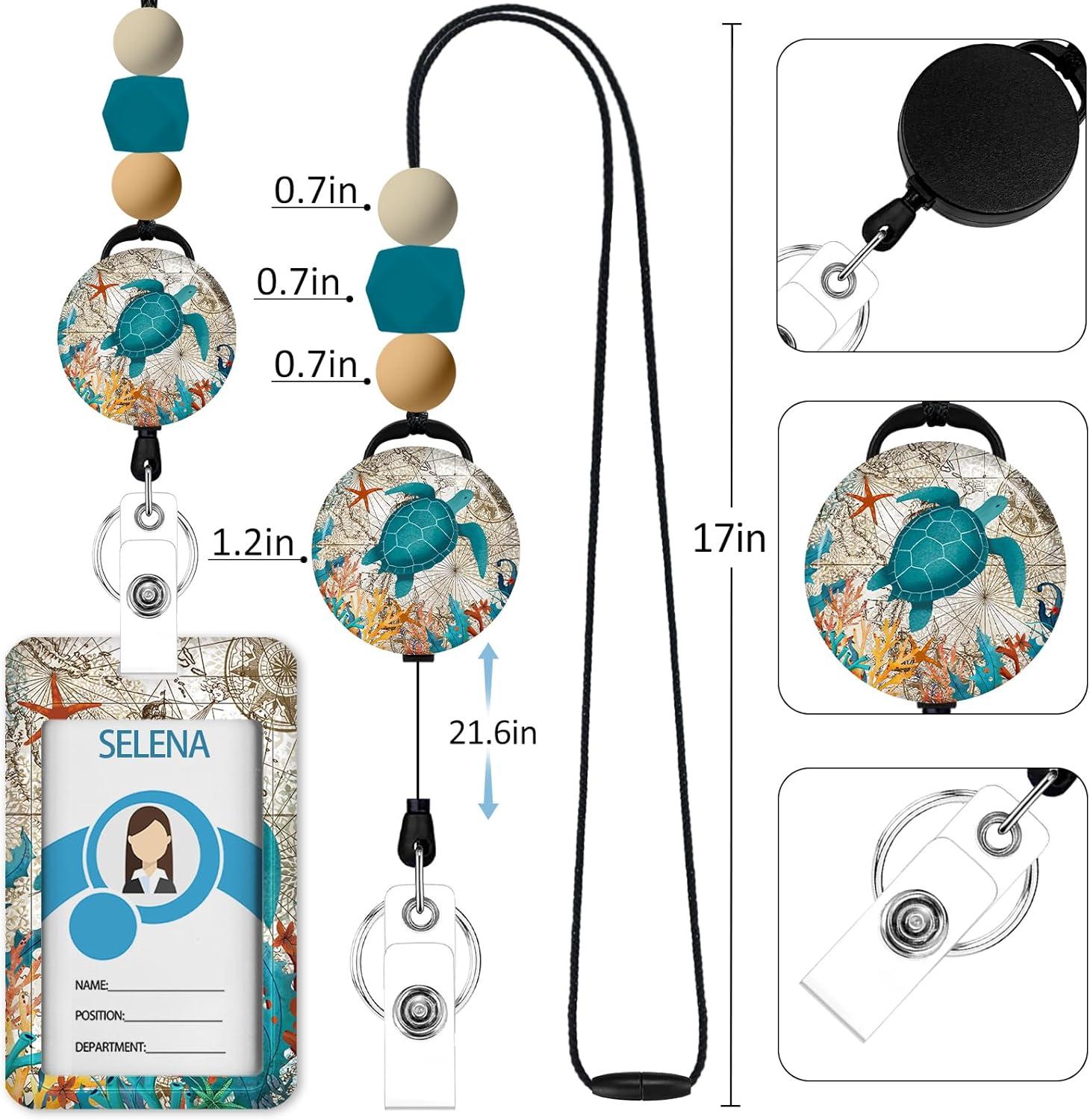 imageTeacher Retractable Lanyards for Id Badges Forest ID Holder with Silicone Beaded Lanyard Badge Reel Retractable Cute Name Tag Work Office Supplies for Men Women Teacher GiftsSea Turtle