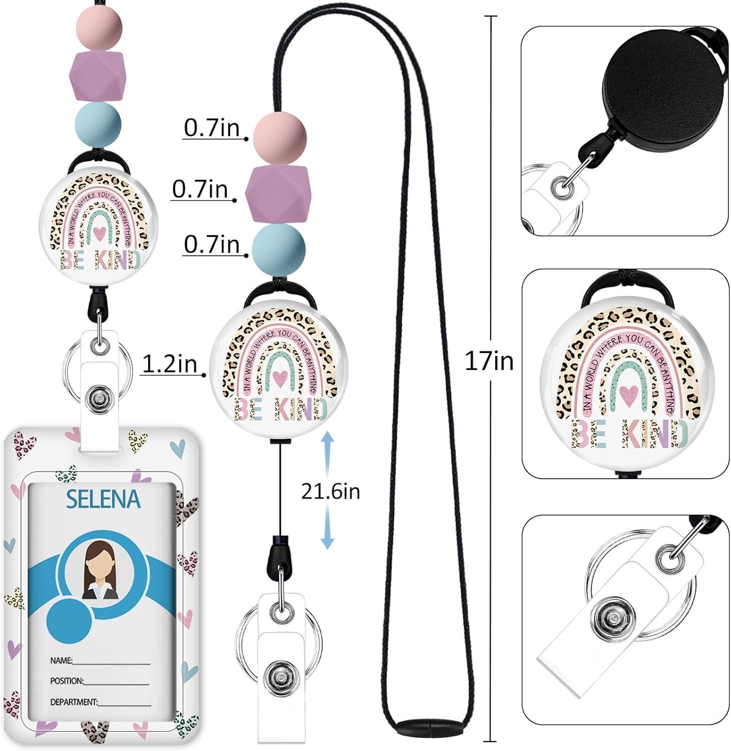 imageTeacher Retractable Lanyards for Id Badges Forest ID Holder with Silicone Beaded Lanyard Badge Reel Retractable Cute Name Tag Work Office Supplies for Men Women Teacher GiftsInspirational Rainbow